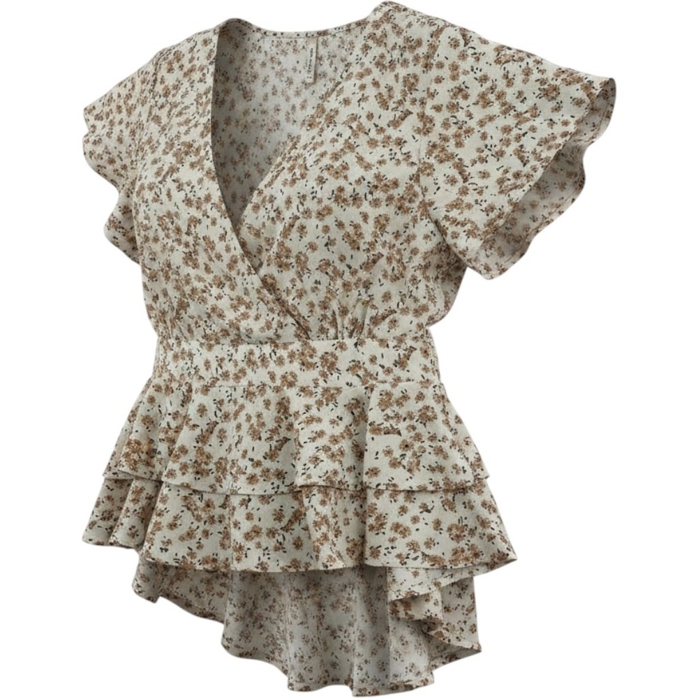 New Mode Women's 1XL USA Floral Print Flutter Sleeve V Neck Ruffle Peplum Top